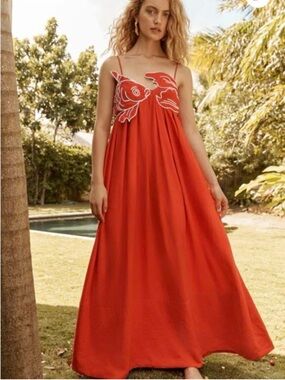 FARM Rio Red Maxi Dress with White Fish Embroidery